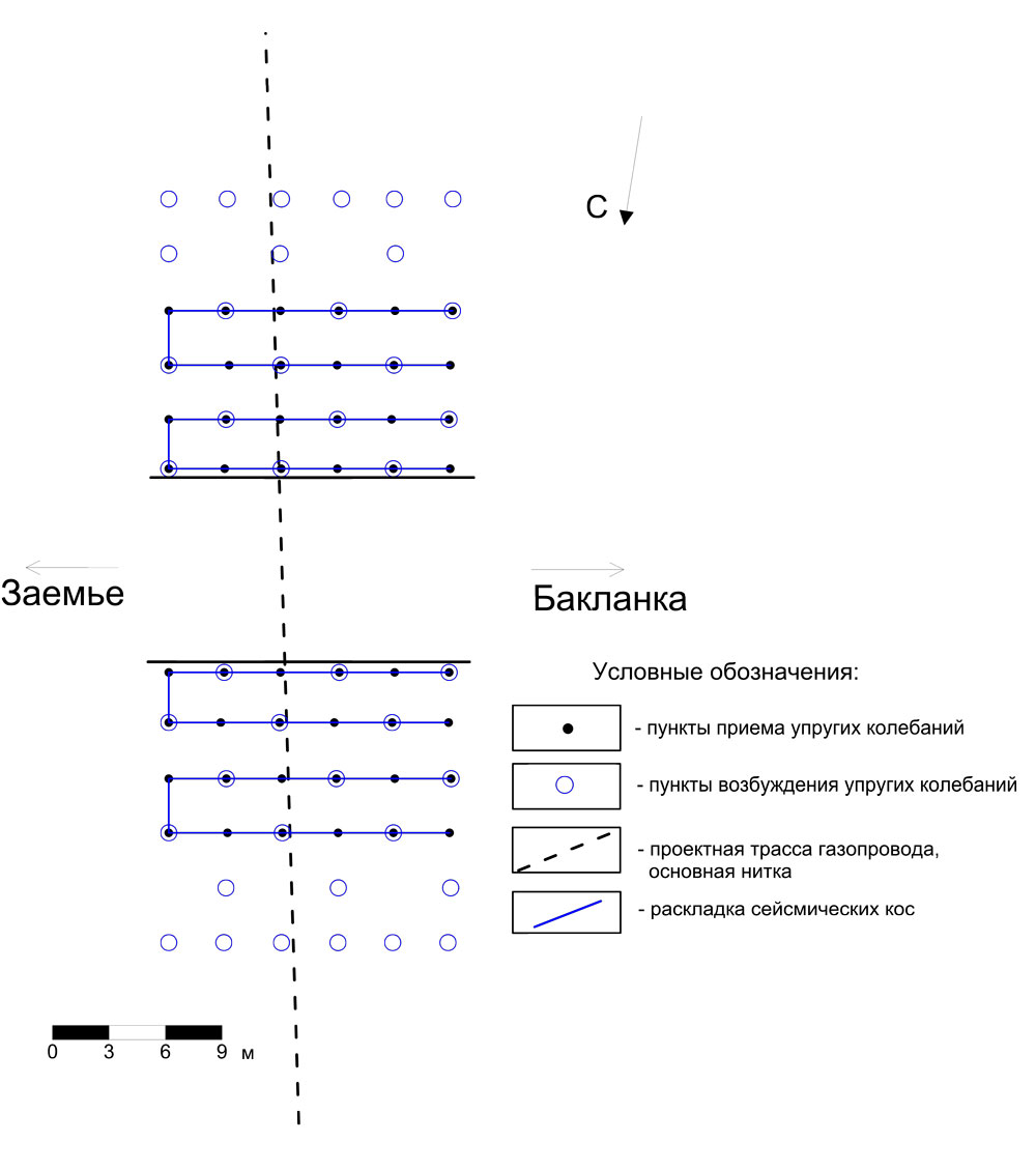 Пример схемы площадных сейсморазведочных наблюдений